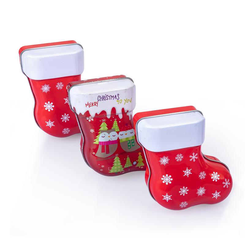 Фабрика Гуандун жестяная коробка в форме носка для рождественского печенья пищевой класс жестяной контейнер рождественская металлическая жестяная банка конфеты подарочная коробка