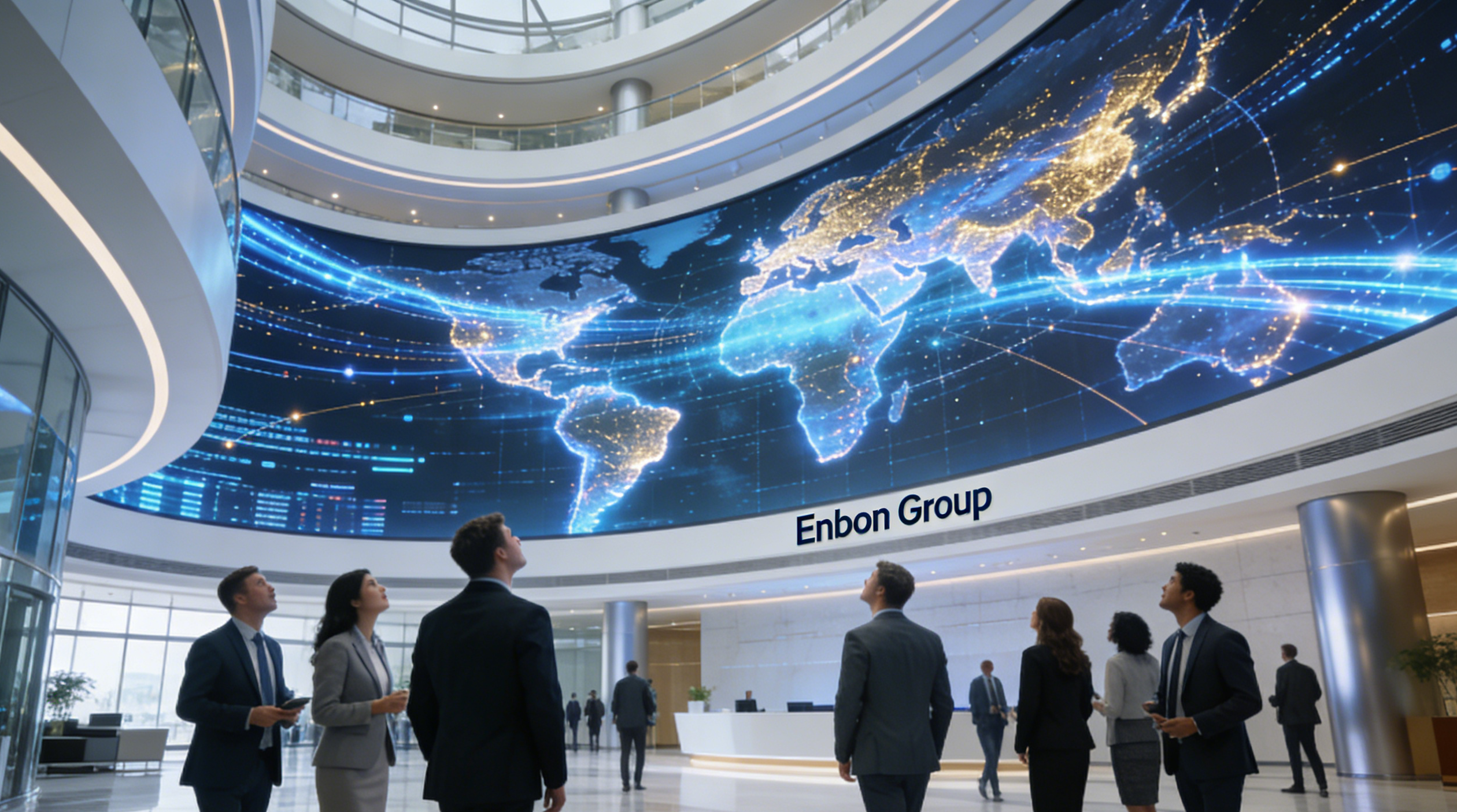 Футуристический холл корпорации Enbon Group с гигантской изогнутой экран hd led высокого разрешения, отображающей потоки данных, и группой бизнесменов на переднем плане, демонстрирующий высокие технологии и масштаб производства.
