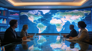 Современный конференц-зал с бесшовным внутренним светодиодным экраном высокого разрешения, отображающим четкие графики данных, иллюстрация премиального качества офисных решений Enbon.