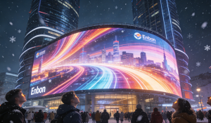 Ночной вид на оживленную городскую площадь с гигантским изогнутым светодиодным экраном BigDisplay на фасаде небоскреба, освещающим толпу людей ярким динамическим контентом, демонстрирующий масштабные проекты Enbon.