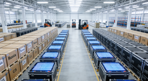 Вид сверху на огромный логистический склад завода Enbon, заполненный рядами упакованных светодиодных модулей и кейсов, готовых к оптовой отправке, иллюстрирующий возможности массового производства и глобальной логистики. 