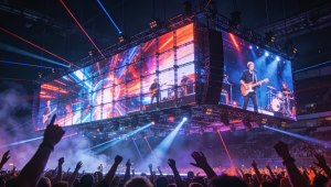 Грандиозная сцена концерта с огромным подвесным светодиодным экраном арендного типа от Enbon, демонстрирующим яркую динамику перед толпой ликующих фанатов, иллюстрация надежности оборудования для живых событий.