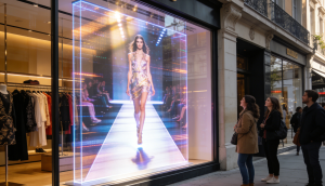 Витрина элитного магазина модной одежды с прозрачным светодиодным экраном, демонстрирующим динамичное видео модели, привлекающим внимание прохожих днем, пример эффективного использования Led экрана для рекламы от Enbon.