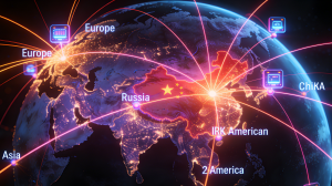 3D-визуализация земного шара со светящимися линиями, исходящими из Китая и соединяющими весь мир, символизирующая глобальную экспансию Enbon и миссию по доставке высококачественных светодиодных экранов в каждую страну.