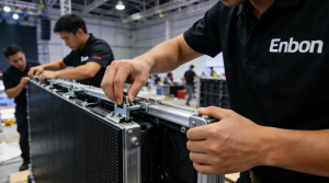 Профессиональная техническая команда в форме Enbon быстро монтирует модульный светодиодный экран с помощью системы быстрых замков, демонстрируя удобство и эффективность арендного оборудования для мероприятий.