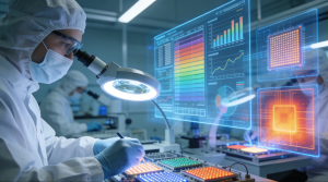 Высокотехнологичная лаборатория исследований и разработок Enbon, где инженеры тестируют светодиодные модули на фоне голографических графиков данных, символизируя инновационный потенциал и научный подход компании. 