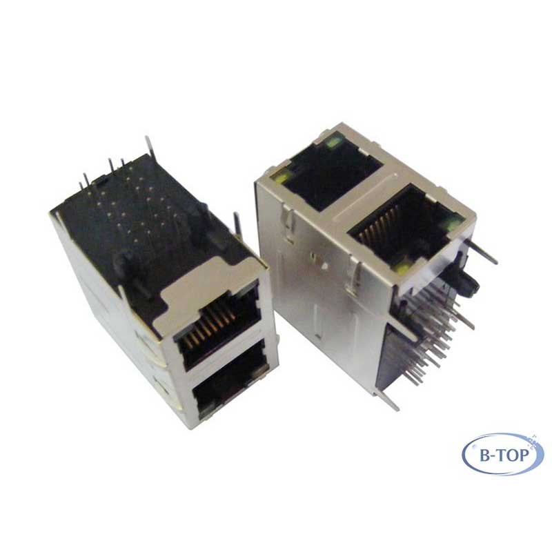 Разъем RJ45 2×1, встроенный гигабитный фильтр, светодиод желтый слева, зеленый справа
