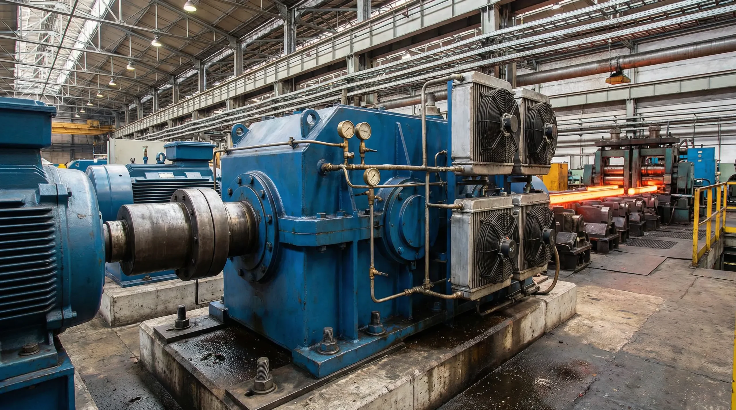 ▲ Реальная установка редуктора Union Gearbox на производственной линии: Мощная трансмиссионная система тесно связана с прокатным станом, а прецизионные трубопроводы смазки и охлаждения обеспечивают длительную стабильную работу оборудования.