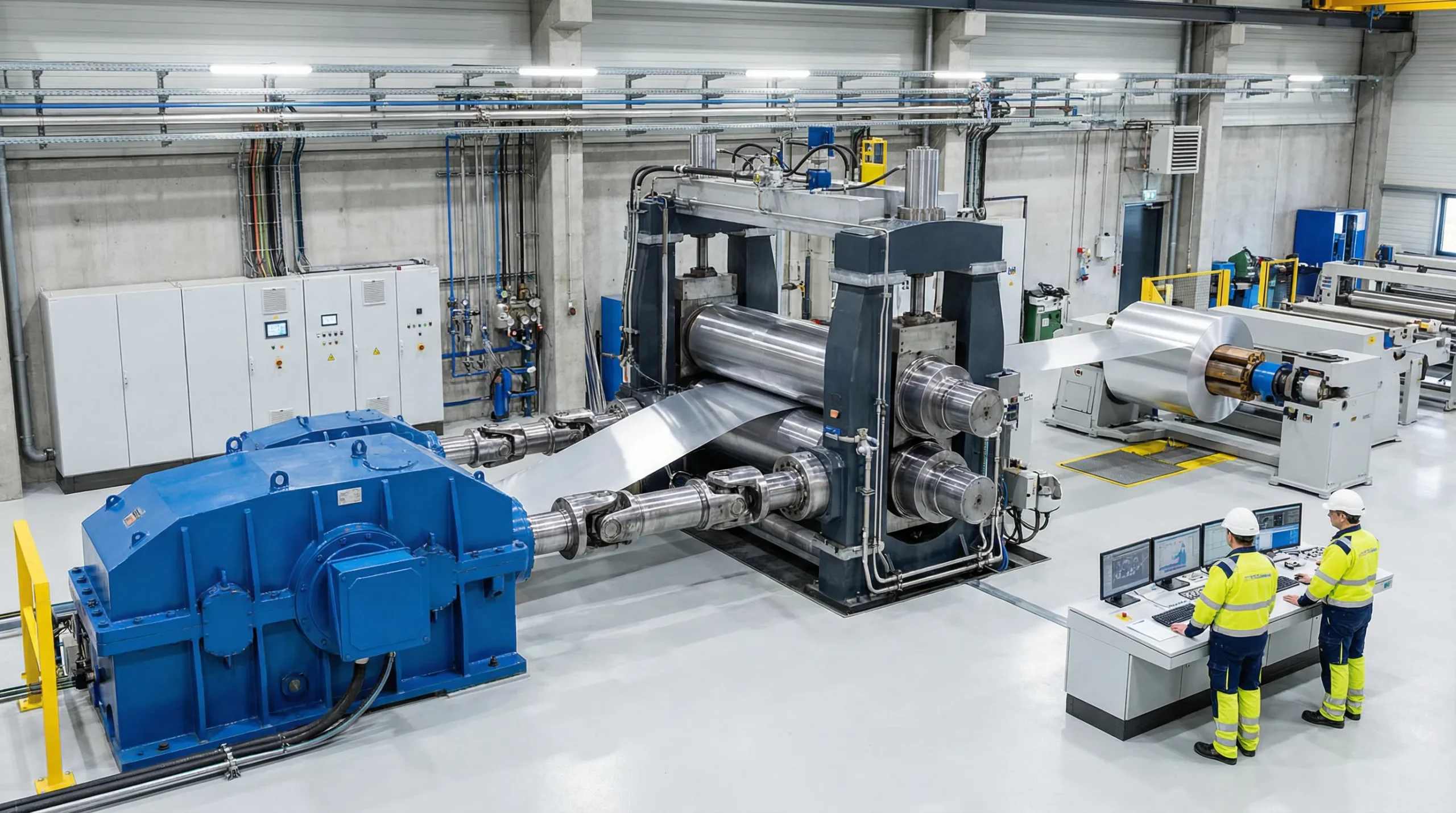 ▲ Панорамный вид производственной линии прокатного стана холодной прокатки алюминиевой полосы с четырьмя валками шириной 1550 мм: мощный главный редуктор (синий) приводит стан в движение через универсальную муфту, и серебристо-белая алюминиевая полоса проходит через валки с высокой скоростью. Инженеры контролируют параметры прокатки в режиме реального времени на панели управления.
