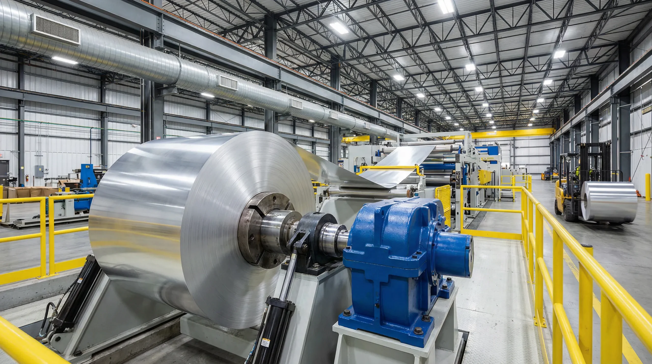 ▲ Станция размотки алюминиевой полосы: Большие рулоны алюминиевой полосы разматываются на разматывающем устройстве и подаются в прокатную линию. Редуктор обеспечивает точное регулирование натяжения, гарантируя беспрепятственное поступление алюминиевой полосы в прокатный стан.