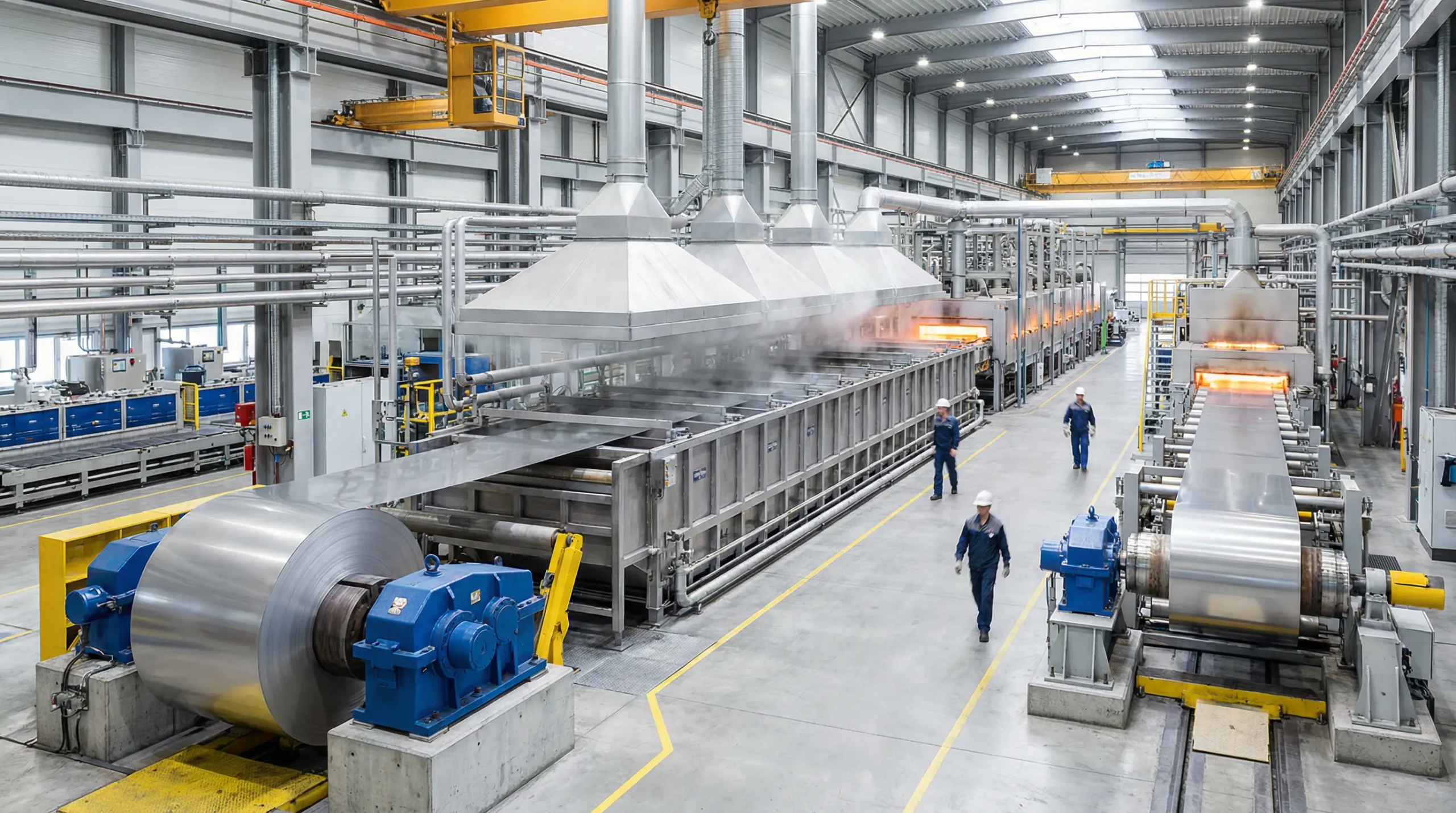 ▲ Панорамный вид линии травления и отжига шириной 1780 мм: полосы из нержавеющей стали последовательно проходят через секцию травильной ванны и печи отжига на линии непрерывного производства. Разматыватели и намотчики на обоих концах линии оснащены редукторами Haiyi Heavy Industry, обеспечивающими стабильную работу всей линии.