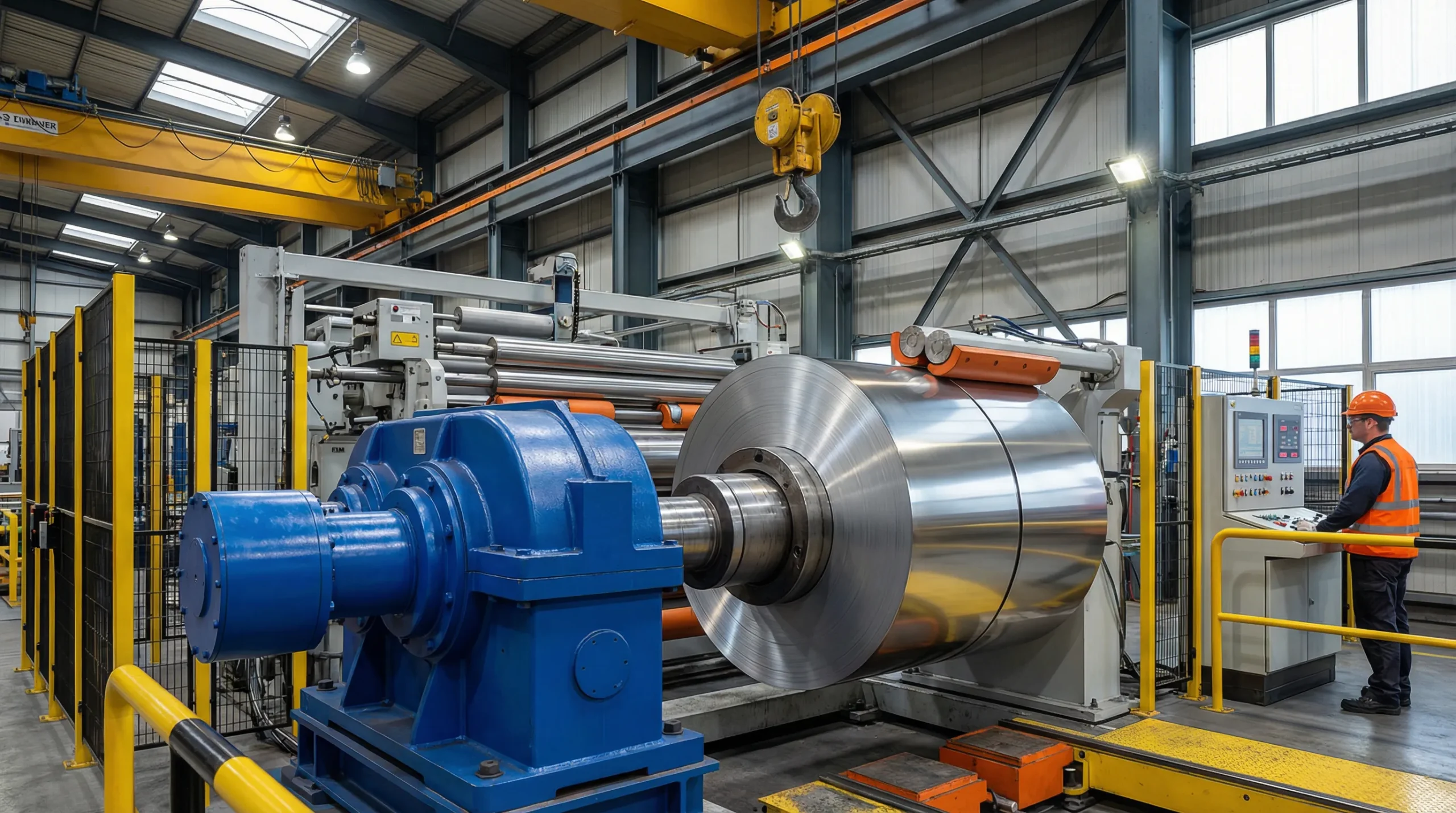 ▲ Намоточная станция: На намоточном станке плотно наматываются большие катушки из нержавеющей стали. Синий редуктор обеспечивает стабильное натяжение 192 кН. Оператор контролирует состояние намотки в режиме реального времени через панель управления.