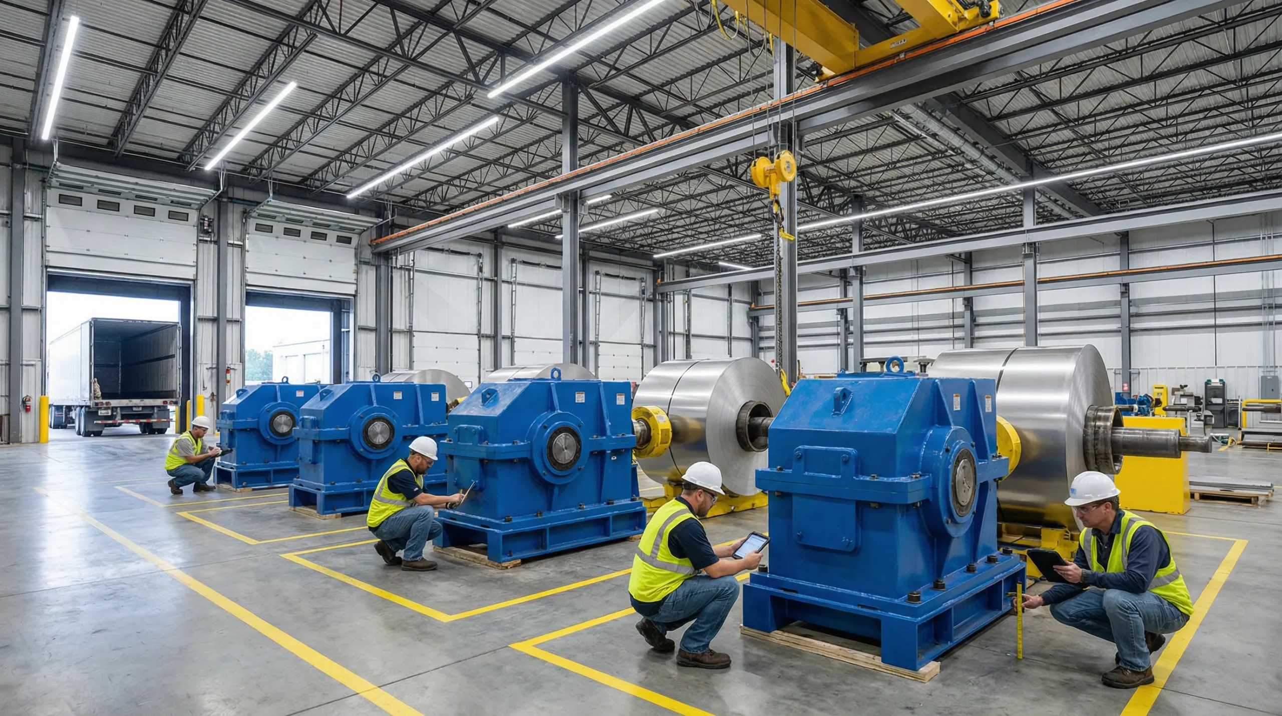 ▲ Редукторы для разматывателей, поставленные партиями для проектов 3-4: Четыре комплекта высококачественных синих редукторов прошли окончательную проверку в цехе. Инженеры проверили технические параметры каждого редуктора, чтобы обеспечить стабильное качество оборудования.