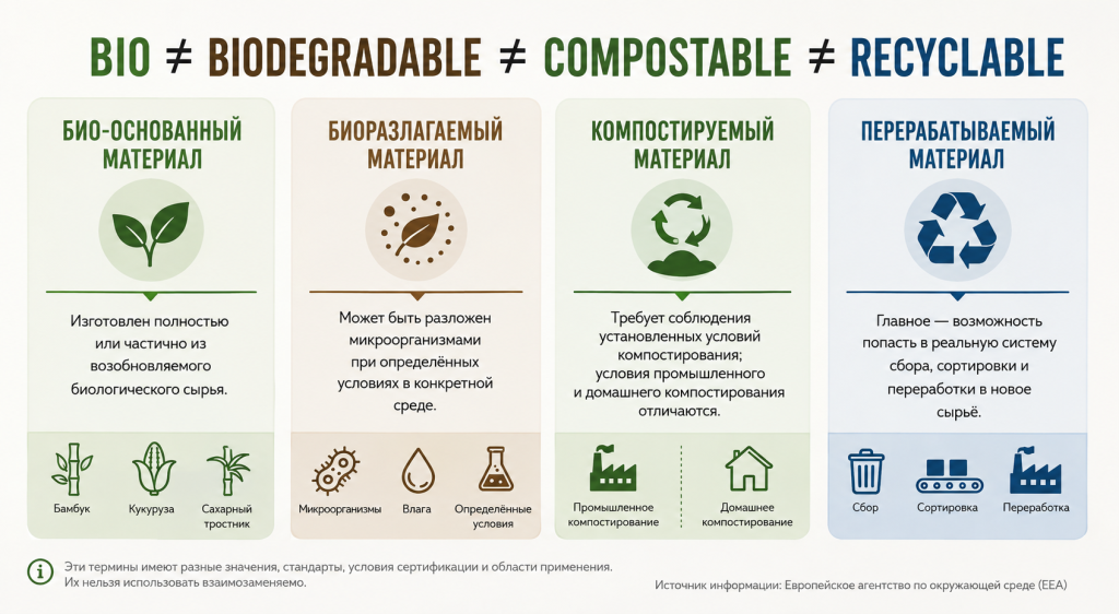 Разница между bio-based, biodegradable, compostable и recyclable упаковкой