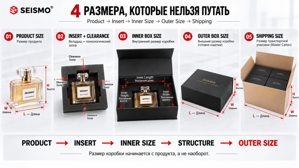 Размер продукта, внутренний, внешний и транспортный размер упаковки