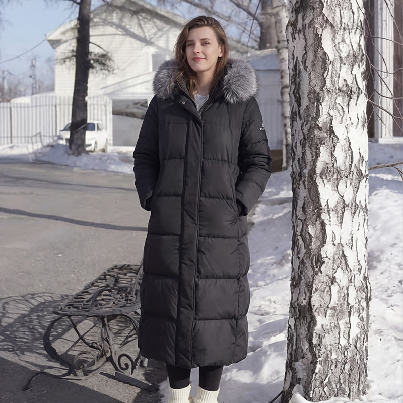 SCUBALY-YR268026 длинный пуховик из гусиного пуха «Чёрное золото» с большим меховым воротником