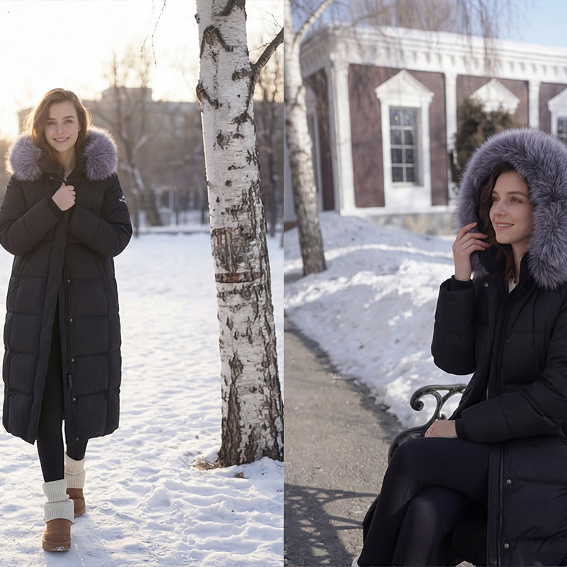 SCUBALY-YR268026 длинный пуховик из гусиного пуха «Чёрное золото» с большим меховым воротником