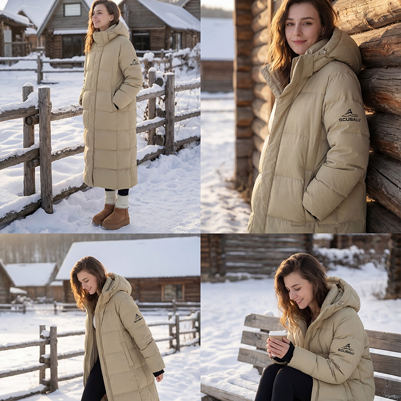 SCUBALY-YR268030 длинный тёплый пуховик-пафф из гусиного пуха с капюшоном