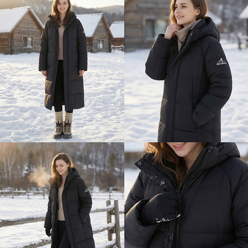SCUBALY-YR268053 длинный тёплый пуховик ниже колена с капюшоном