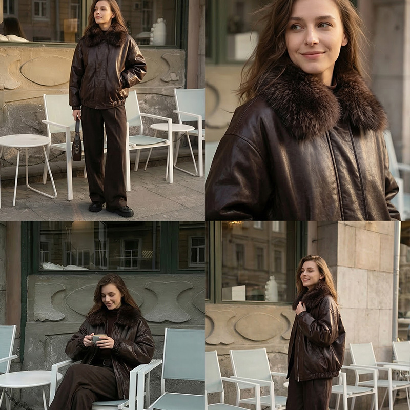 SCUBALY-YR268063 кожаная пуховая куртка с меховым воротником и отложным воротником