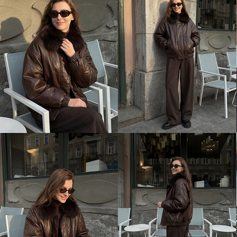 SCUBALY-YR268063 кожаная пуховая куртка с меховым воротником и отложным воротником