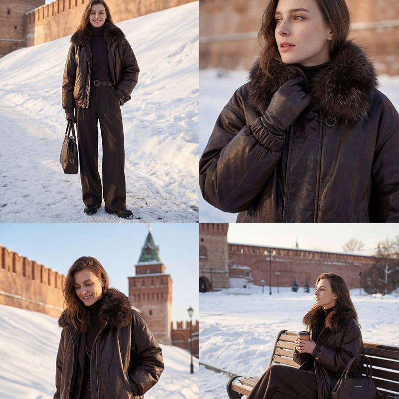 SCUBALY-YR268063 кожаная пуховая куртка с меховым воротником и отложным воротником