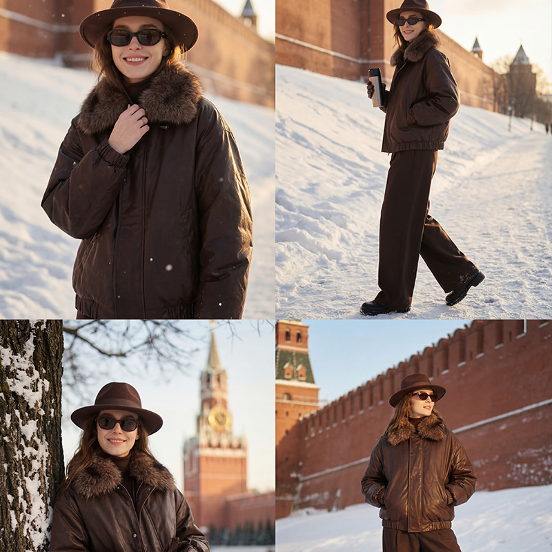 SCUBALY-YR268063 кожаная пуховая куртка с меховым воротником и отложным воротником