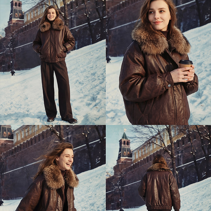 SCUBALY-YR268063 кожаная пуховая куртка с меховым воротником и отложным воротником