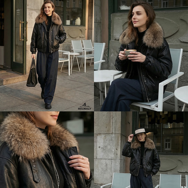 SCUBALY-YR268063 кожаная пуховая куртка с меховым воротником и отложным воротником
