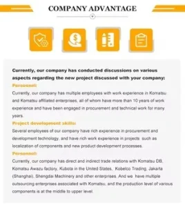 Jining Minetech Machinery Co., Ltd
Мы не просто поставщик, а продолжение системы Komatsu в производстве.
Наш завод интегрирован в стандарты Komatsu, с ключевыми специалистами с опытом работы в компании.
Мы понимаем проектирование, контроль качества и требования к производительности оборудования.
Соблюдаем строгие японские стандарты на каждом этапе — от производства до хранения.
Поставляем оригинальные и OEM-детали высочайшего качества с гарантией стабильности.
Предлагаем индивидуальную упаковку, логистику и поддержку R&D для кастомных решений.
Наши склады более 8000 м² хранят 10 000+ типов деталей для клиентов по всему миру.
Строим долгосрочное сотрудничество на надежности и профессионализме.
Minetech Machinery — ваша надежная «задняя мастерская» для стабильной работы техники.