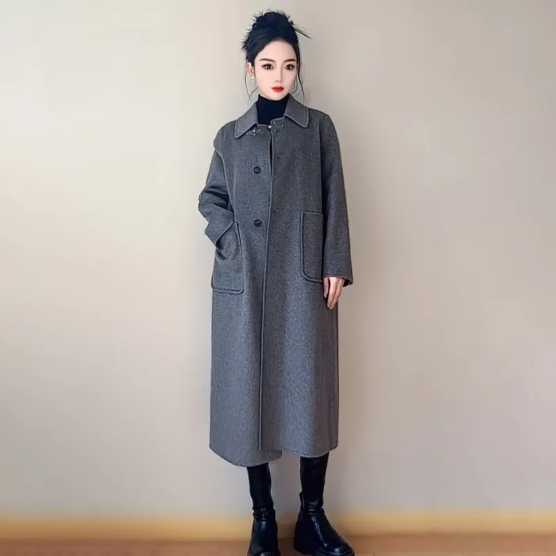 Женское кашемировое пальто — 100% кашемир, стройнящее, короткое, женское, стильное, корейской версии, осенне-зимнее 24019