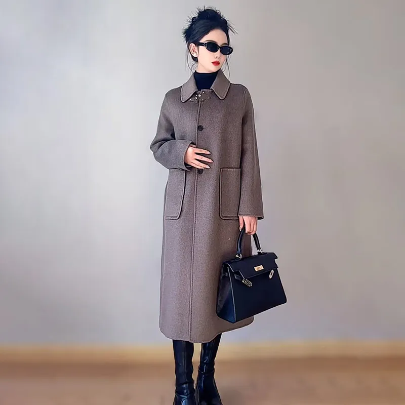Женское кашемировое пальто — 100% кашемир, стройнящее, элегантное, модное, женское, стильное, корейской версии, осенне-зимнее 24022