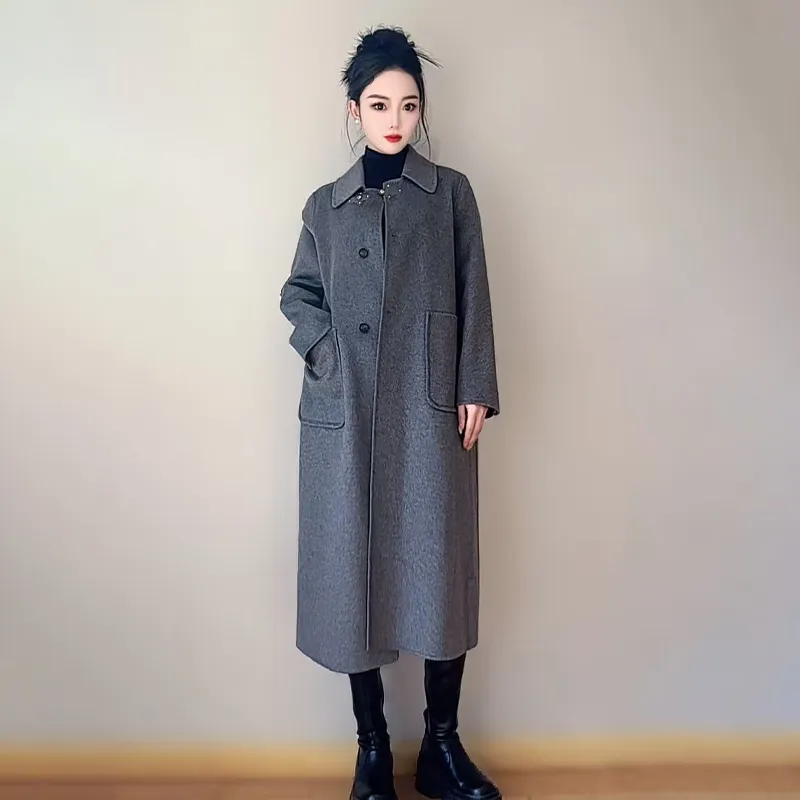 Женское кашемировое пальто — 100% кашемир, стройнящее, элегантное, модное, женское, стильное, корейской версии, осенне-зимнее 24022