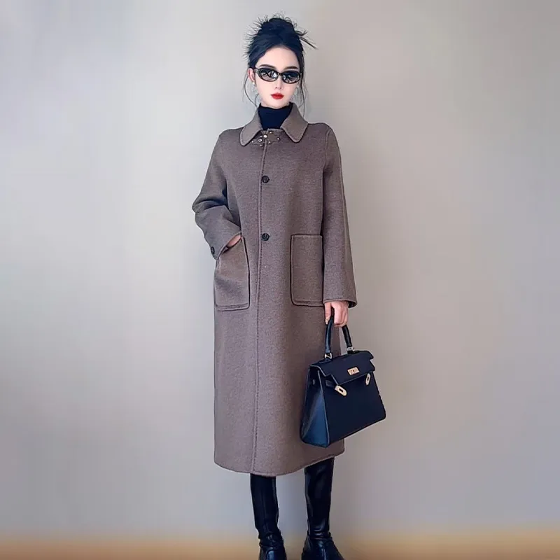 Женское кашемировое пальто — 100% кашемир, стройнящее, элегантное, модное, женское, стильное, корейской версии, осенне-зимнее 24022