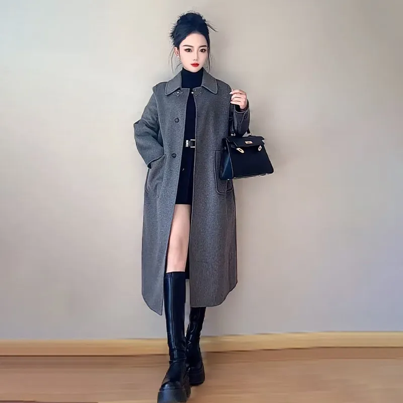 Женское кашемировое пальто — 100% кашемир, стройнящее, элегантное, модное, женское, стильное, корейской версии, осенне-зимнее 24022