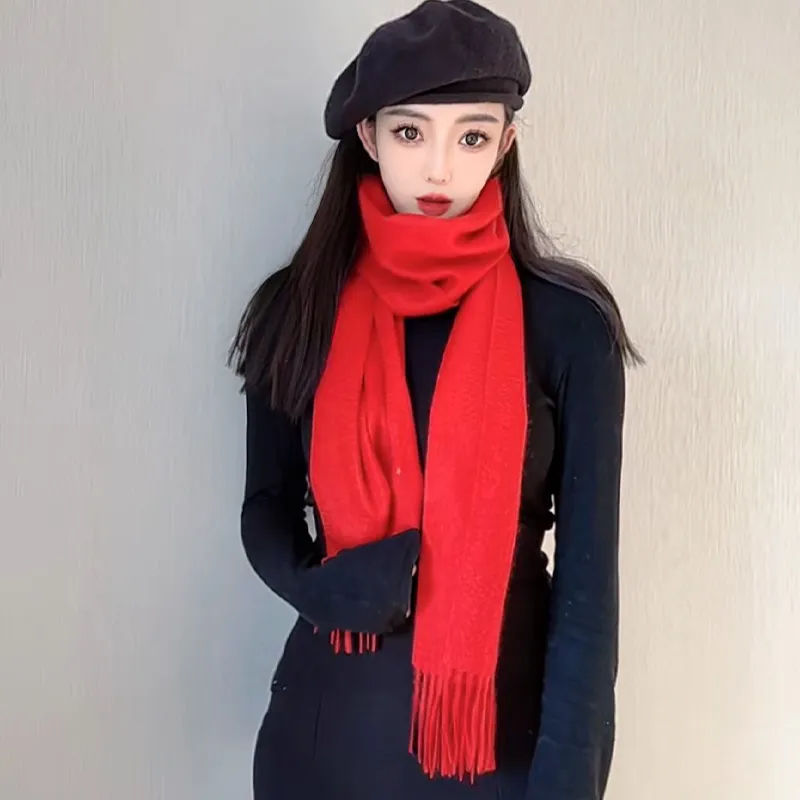 Шарф — 50% кашемир 50% шерсть, универсальный, однотонный красный, утепленный, модный, грубой вязки, смесовый 11676