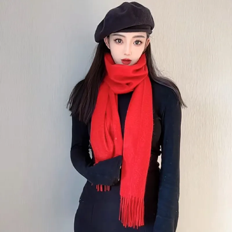 Шарф — 50% кашемир 50% шерсть, универсальный, однотонный красный, утепленный, модный, грубой вязки, смесовый 11676