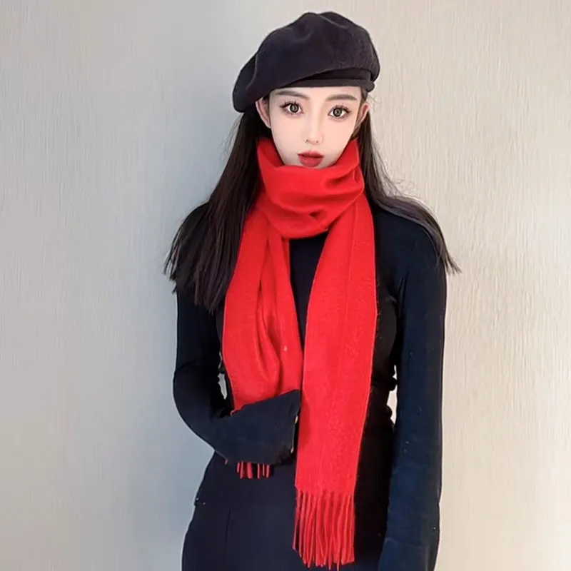 Шарф — 50% кашемир 50% шерсть, универсальный, однотонный красный, утепленный, модный, грубой вязки, смесовый 11676