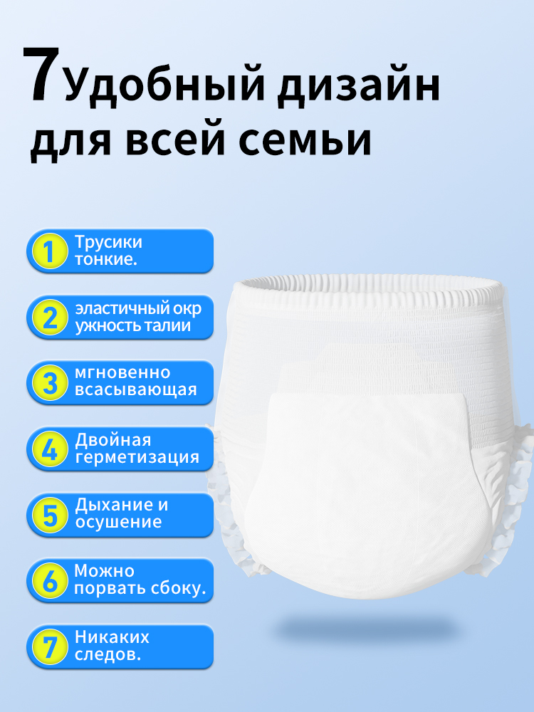 Основной текст: Столкнувшись с двойной потребностью пожилых людей и взрослых в удобстве передвижения и безопасности ухода, необходимо создать основной трехмерный размер талии и герметичный дизайн периметра ноги. Продукт использует мягкий воздухопроницаемый материал, предназначенный для предоставления пользователям более удобной и спокойной ежедневной защиты.