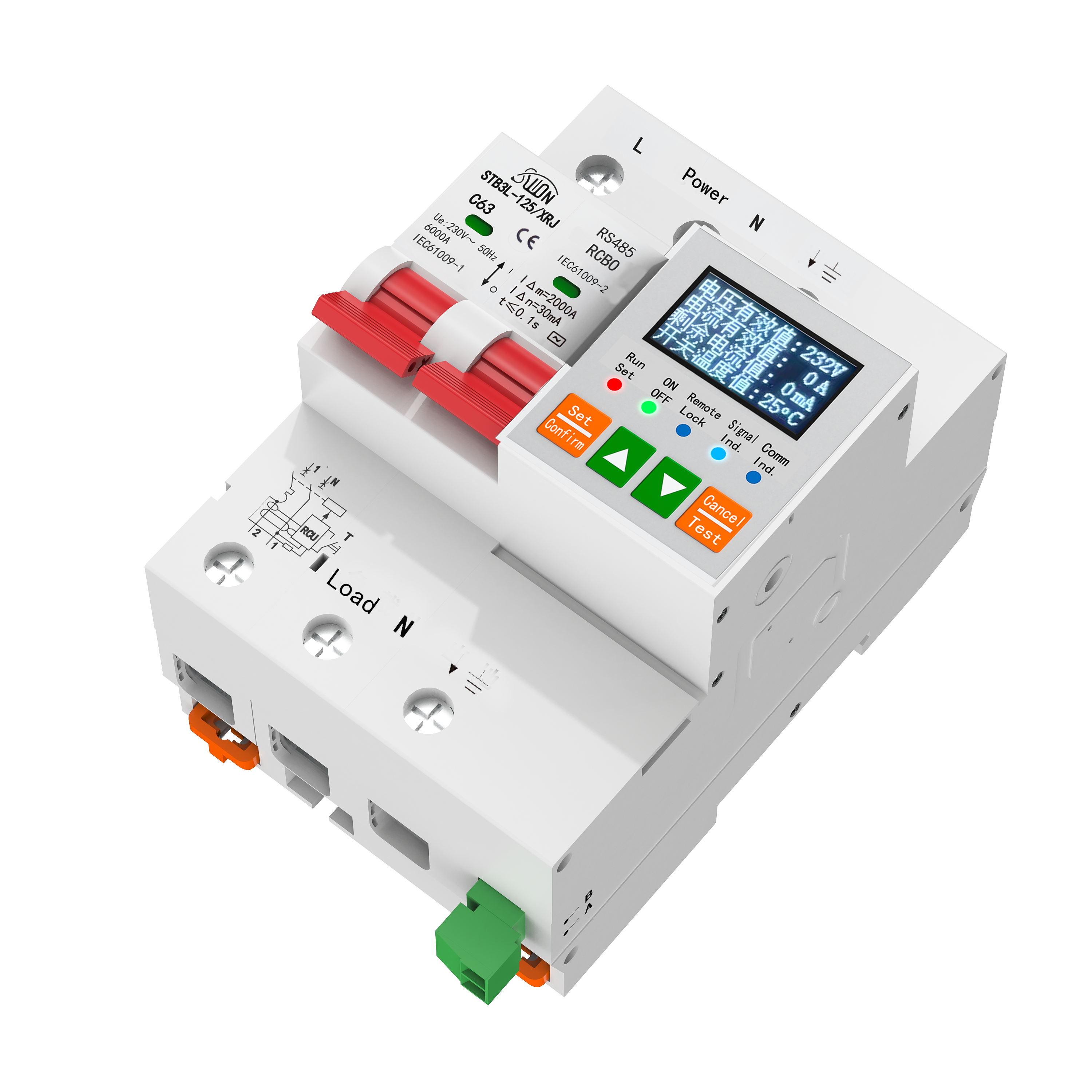 STB3L-125-XRJ-485 – Умный автоматический выключатель с RCBO, RS485, дисплеем и контролем заземления