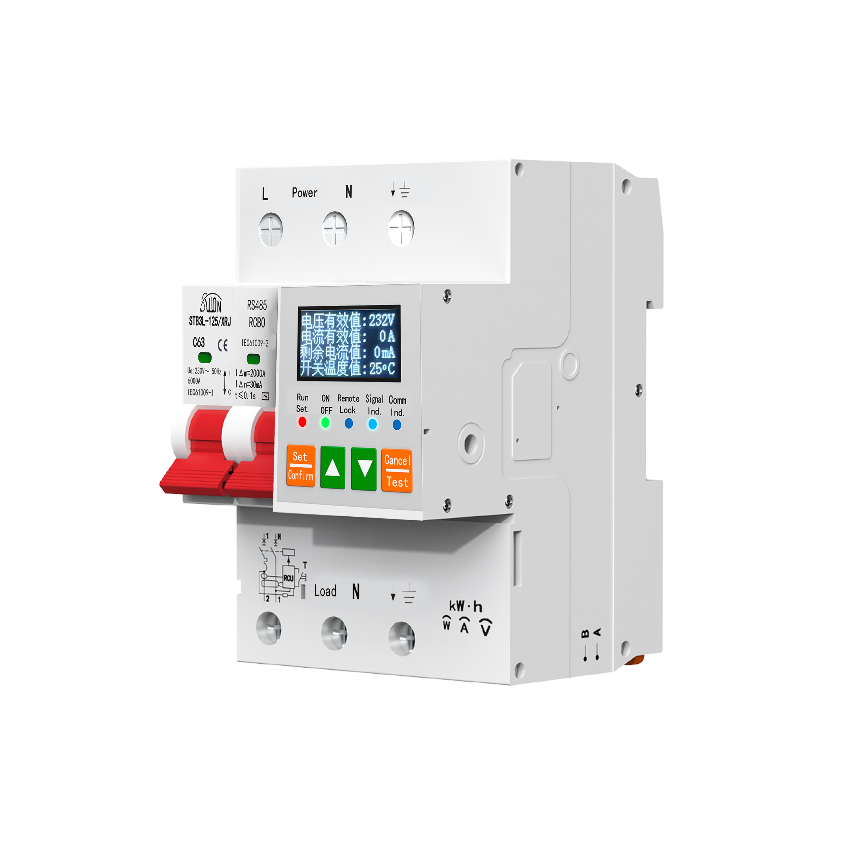 STB3L-125-XRJ-485 – Умный автоматический выключатель с RCBO, RS485, дисплеем и контролем заземления