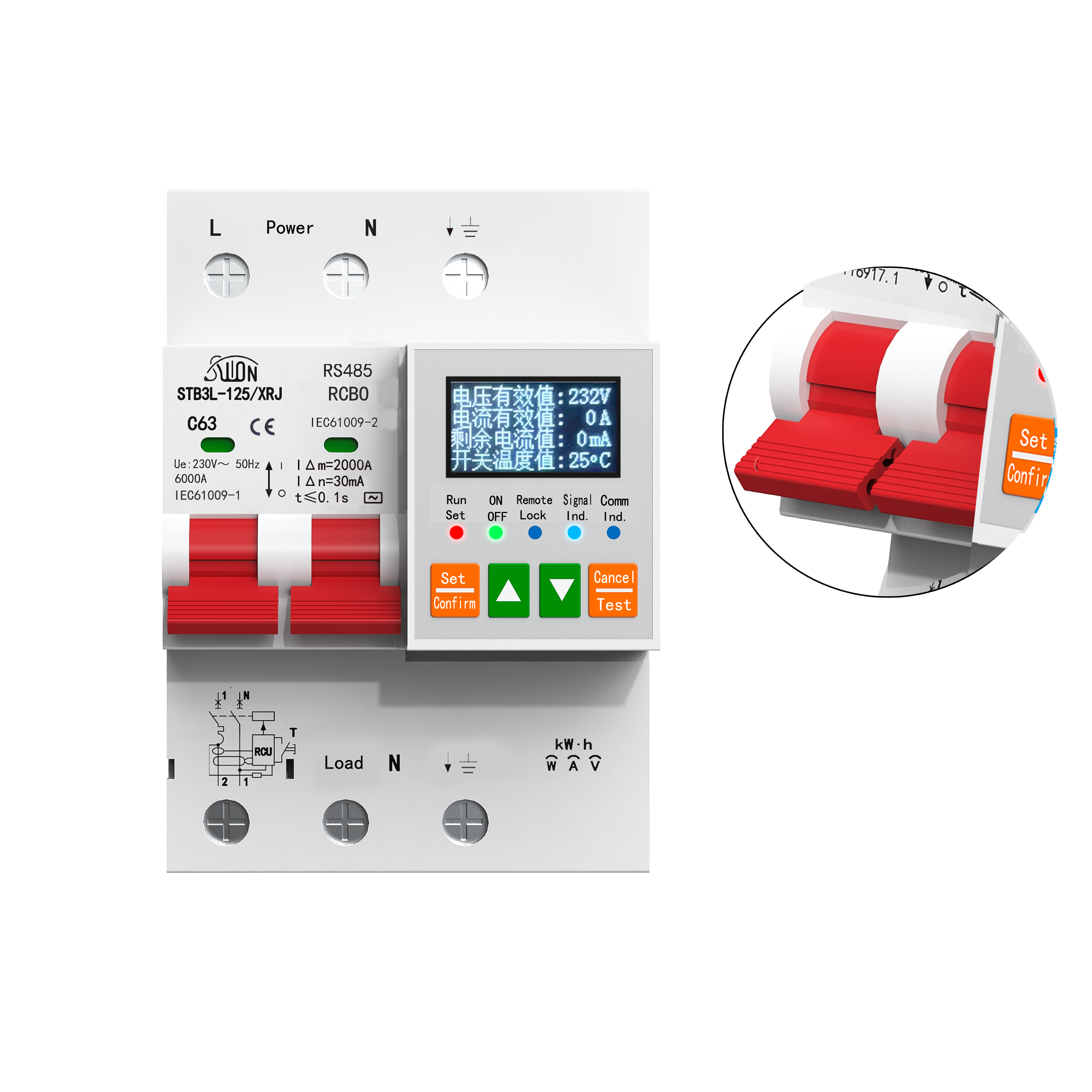 STB3L-125-XRJ-485 – Умный автоматический выключатель с RCBO, RS485, дисплеем и контролем заземления