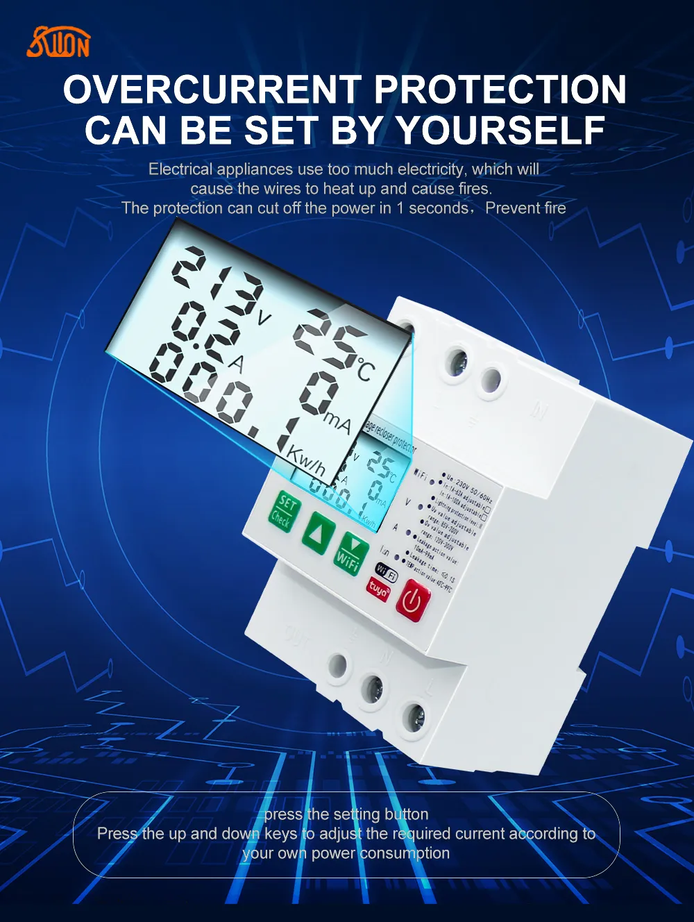 WiFi устройство защиты с УЗО АПВ функцией учета и дисплеем