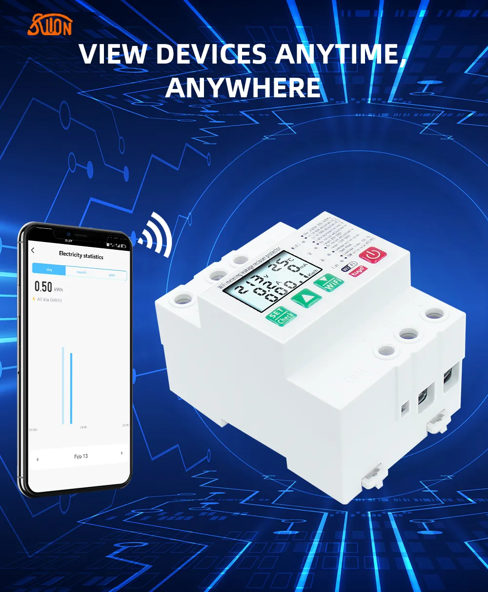 WiFi устройство защиты с УЗО АПВ функцией учета и дисплеем