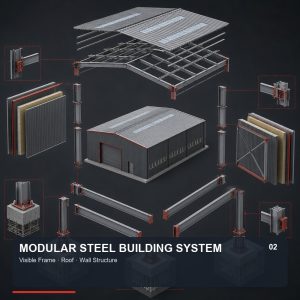 Modular prefabricated steel building structure exploded view drawing