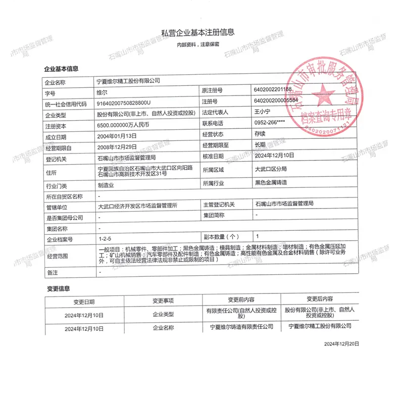 Заявление о смене наименования АО Нинся Вэйэр Прецизион Технолоджи