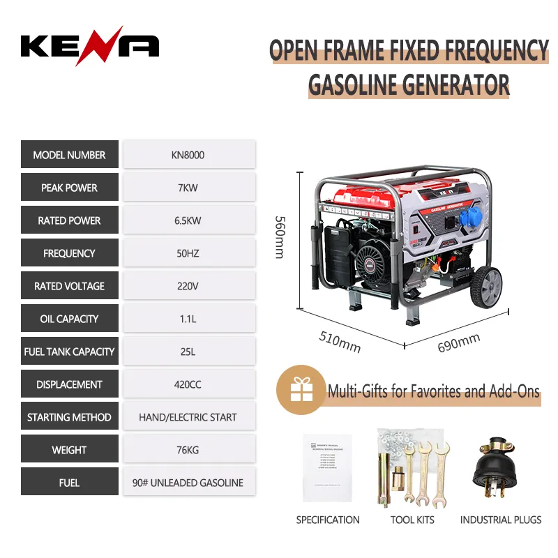 KN8000(высококачественный бензиновый генератор 3–9 кВт, 220 В / 230 В, бытовой бензиновый генератор с электростартером)