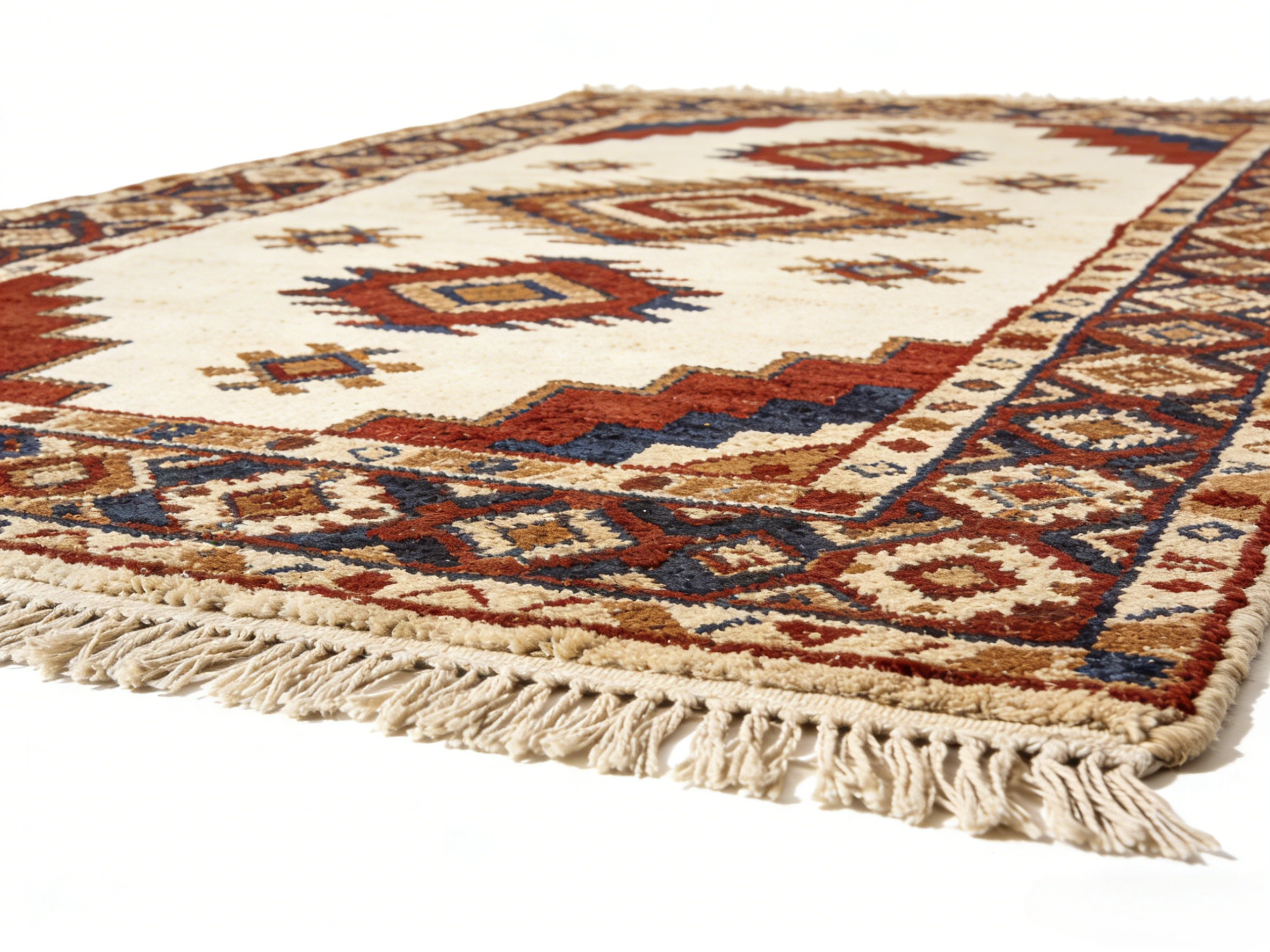 Дизайнерский ковер в этническом стиле с геометрическим орнаментом и бахромой