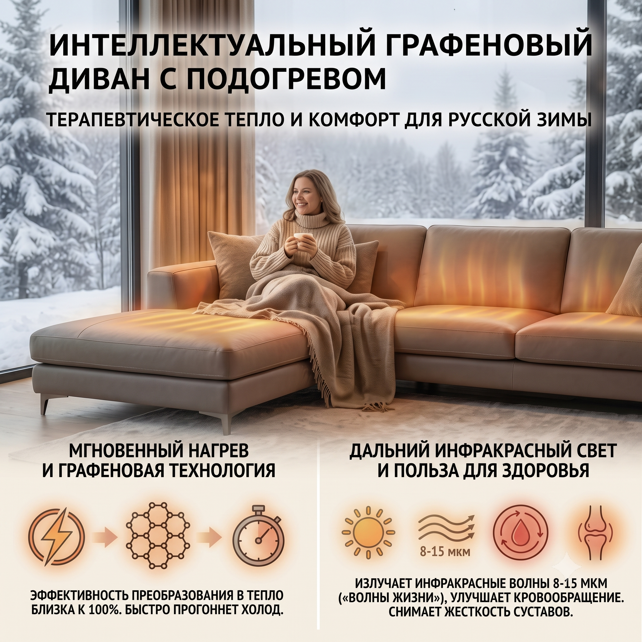 Интеллектуальный графеновый диван с подогревом для русской зимы