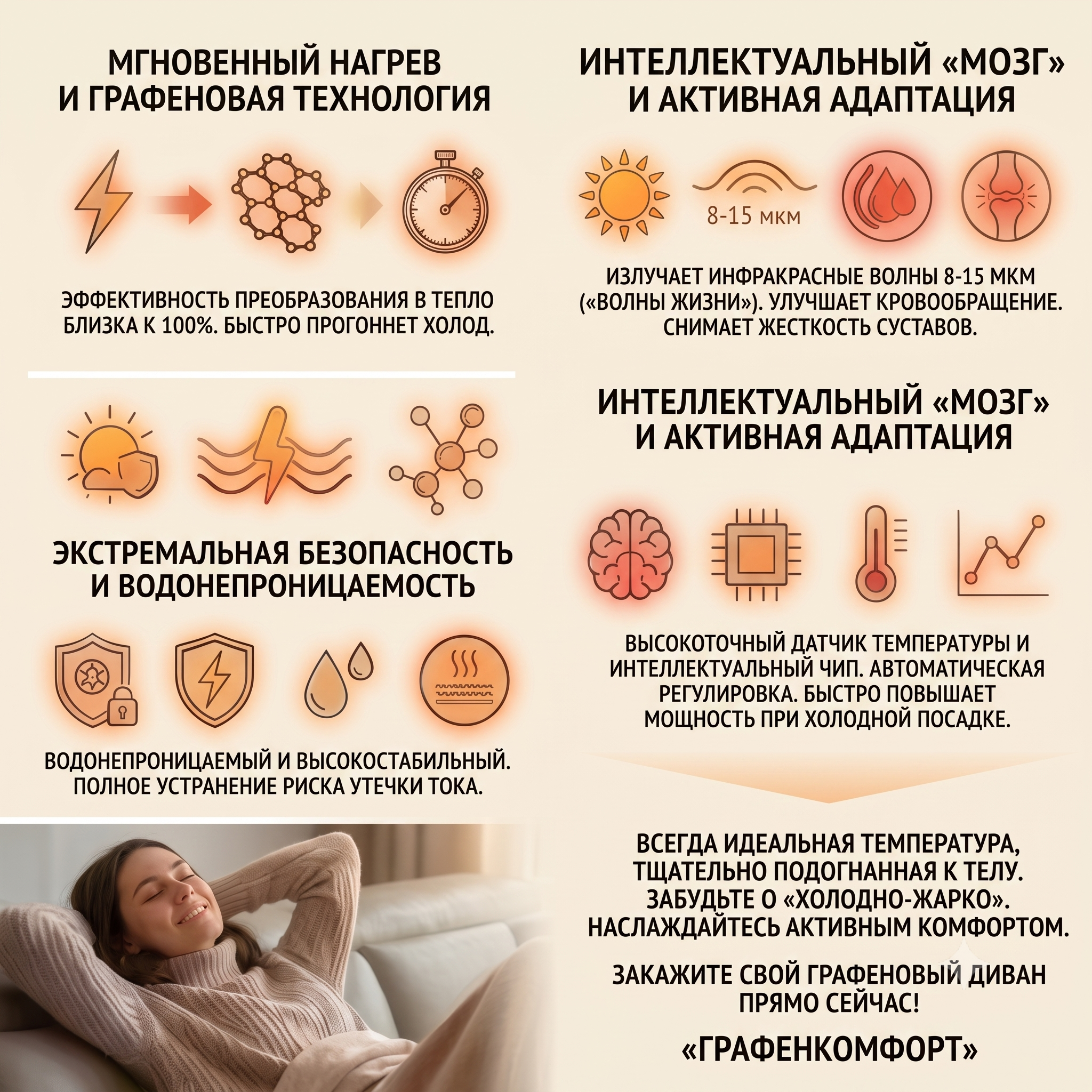Технические характеристики и преимущества умного дивана с графеновым подогревом